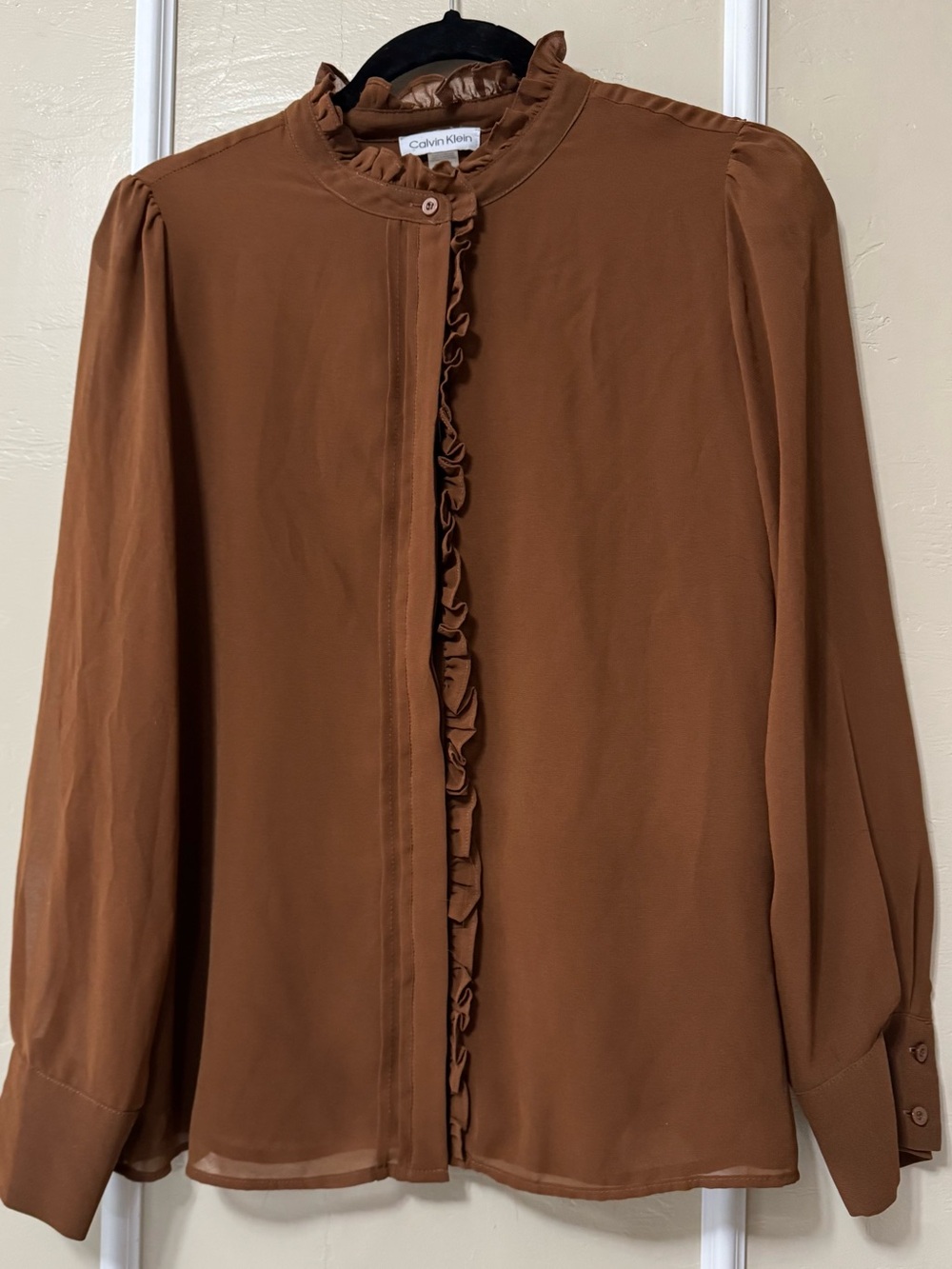 Calvin Klein Brown Ruffle-Front Long Sleeve Blouse